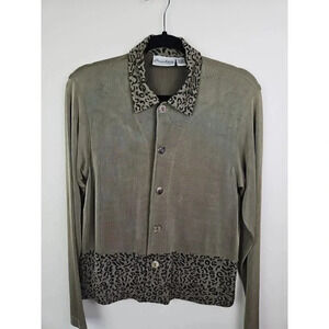Private Edition Chico's Blouse Top Olive Green Animal Print Block Button Size 0